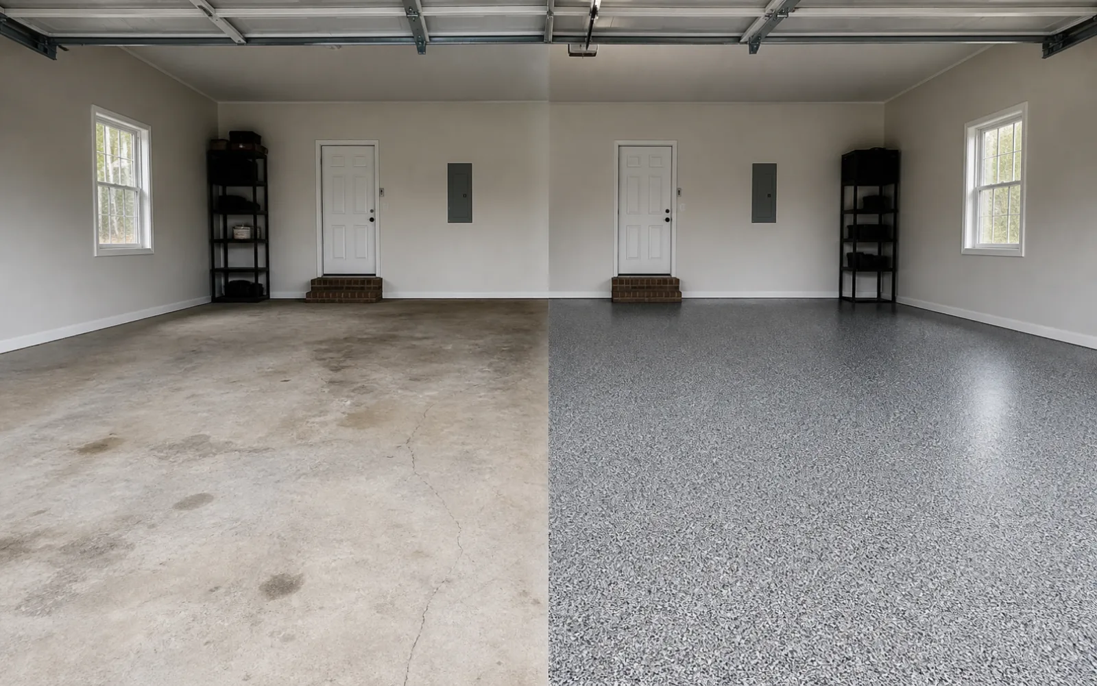 Representative before and after comparison of a worn garage floor and a gray full-flake epoxy floor