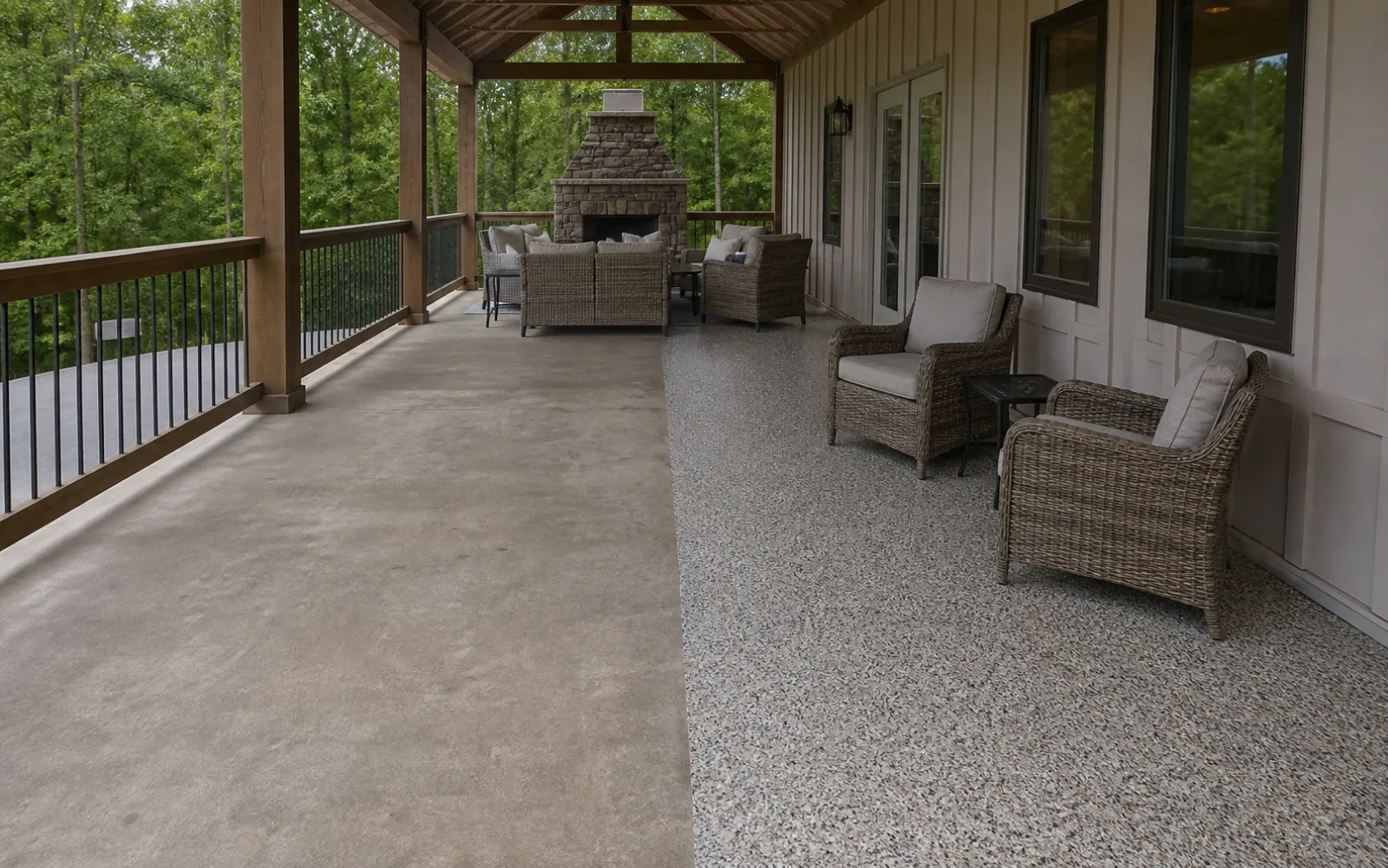 Representative before and after comparison of a weathered covered patio and a slip-textured epoxy floor