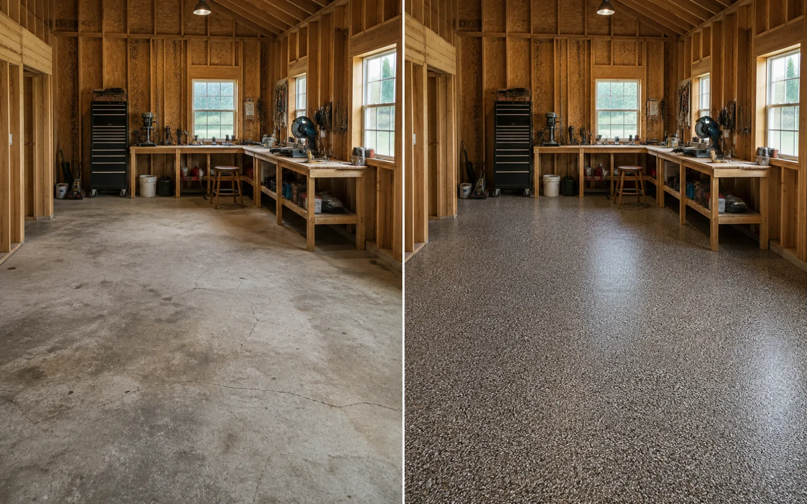 Representative before and after comparison of an unfinished shop floor and a warm-gray epoxy floor